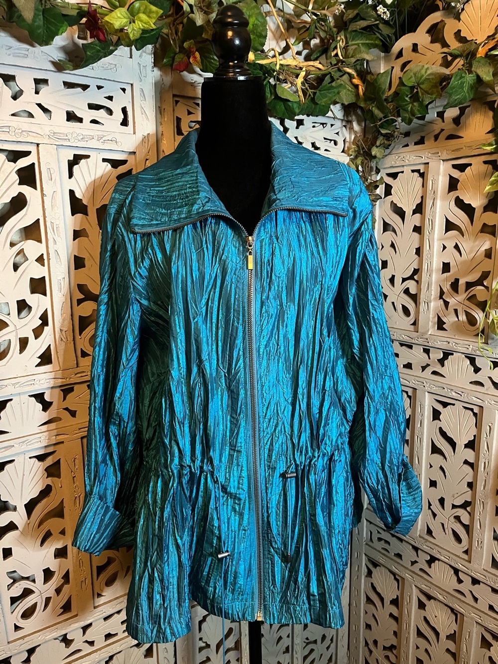 RUBY RD. VINTAGE TEAL BLUE CRINKLE TEXTURE LIGHTWEIGHT BREEZY ZIP-UP JACKET